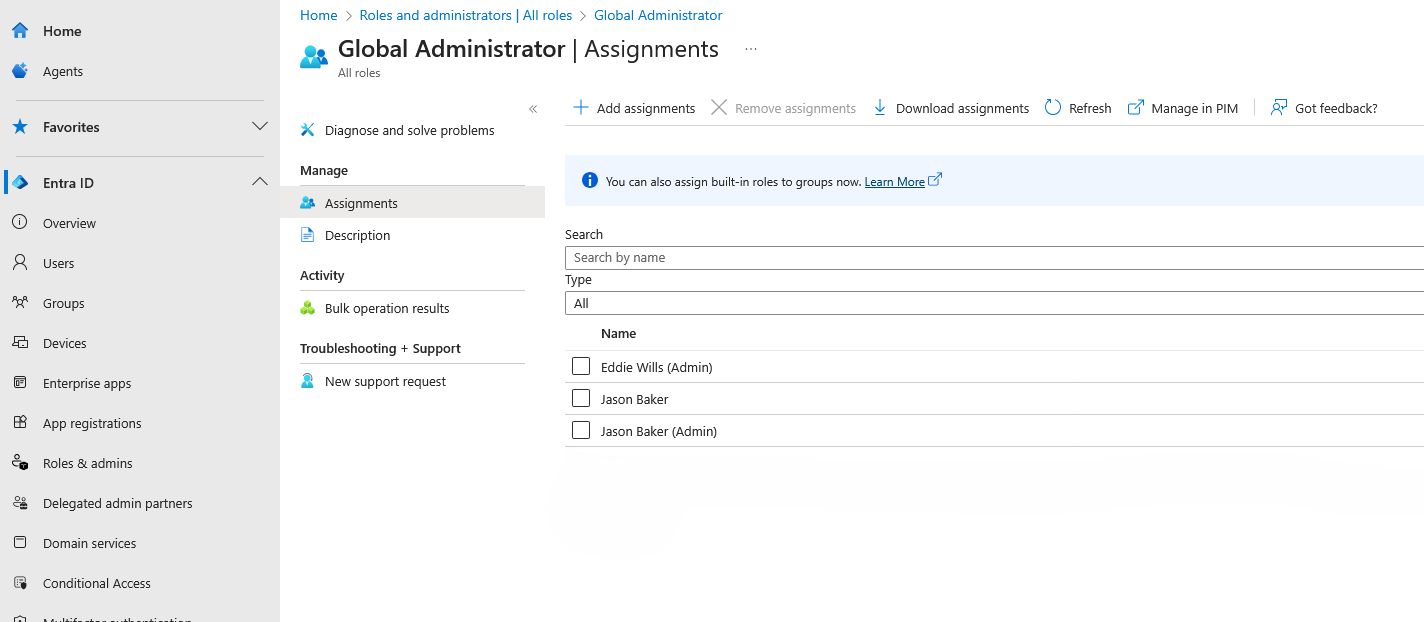 Accounts with admin roles on user