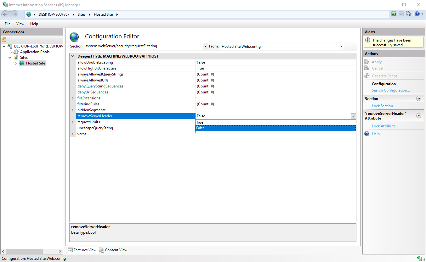 Image of a IIS manager updating the requestFiltering removeServerHeader setting