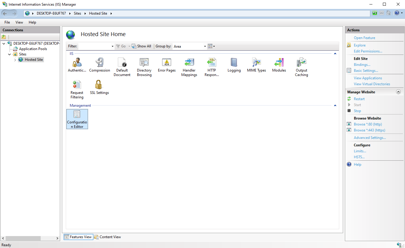 Image of a IIS manager showing the website in question
