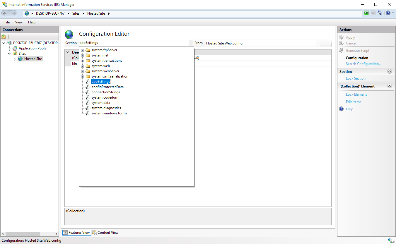 Image of a IIS manager showing the appSettings menu