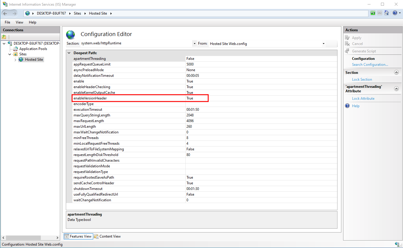 Image of a IIS manager showing the appSettings enableVersionHeader setting