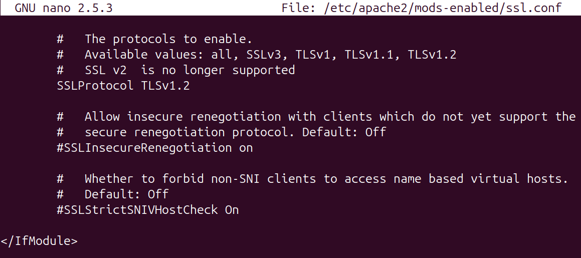 Image of a configuration file showing TLS v1.2 is explicitly set