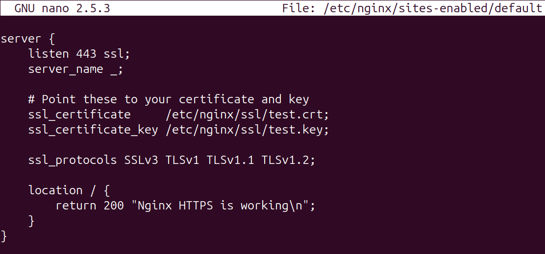 Image of a configuration file showing default Nginx site SSL configuration