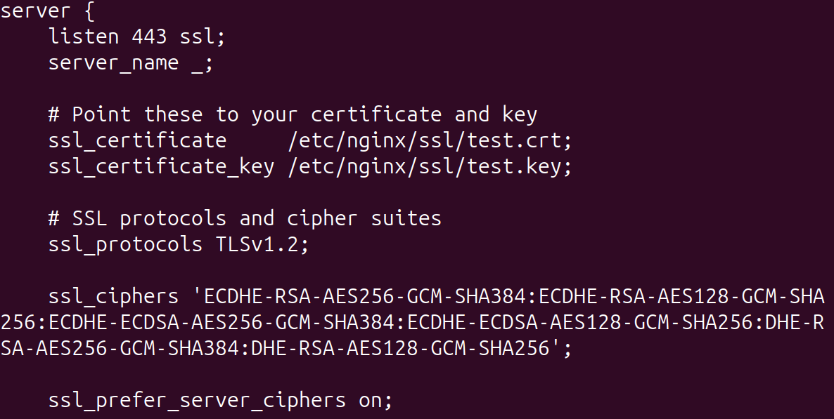 Image of a configuration file showing the safe and modern cipher suites are listed