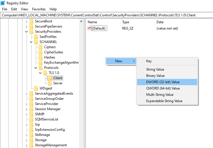 Image of a registry editor showing the creation of a DWORD value
