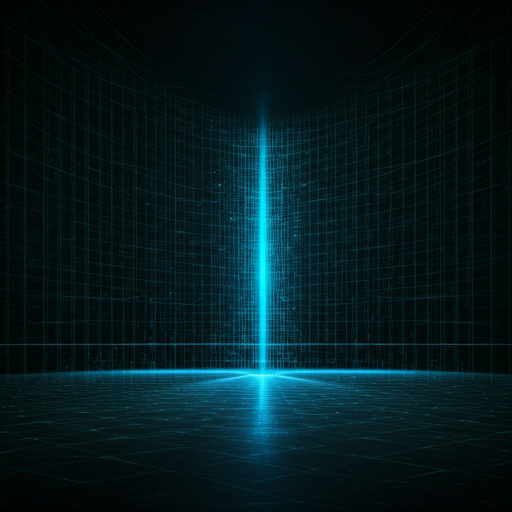 Abstract tech visualisation of blue glowing grid lines on a dark architectural background representing digital infrastructure security