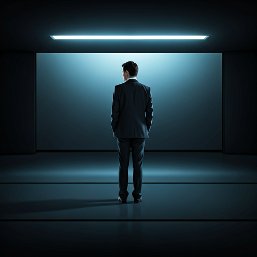 Sophisticated professional in a high-tech environment reflecting concentration and focus, soft architectural lighting with deep navy shadows