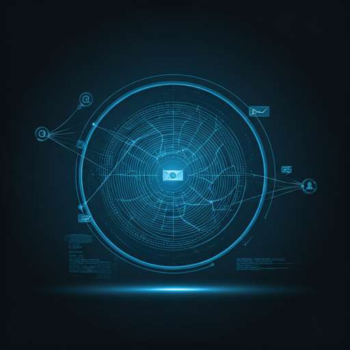 Modern visualisation of digital social engineering and email security threads, minimalist blue aesthetic