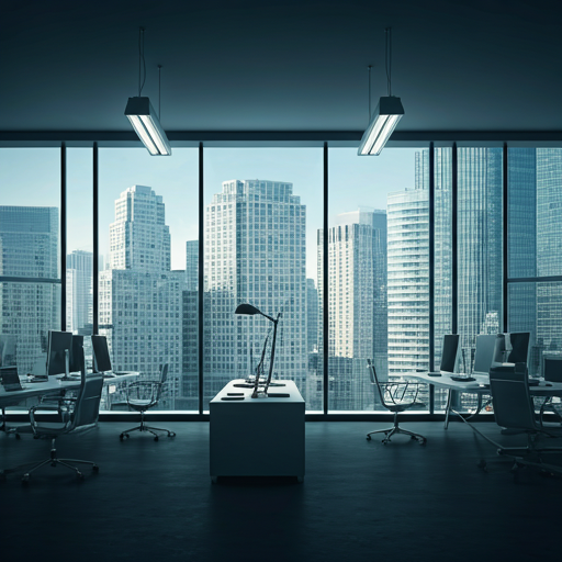 Modern high-end office with professional team collaborating, bright natural light, professional authoritative atmosphere